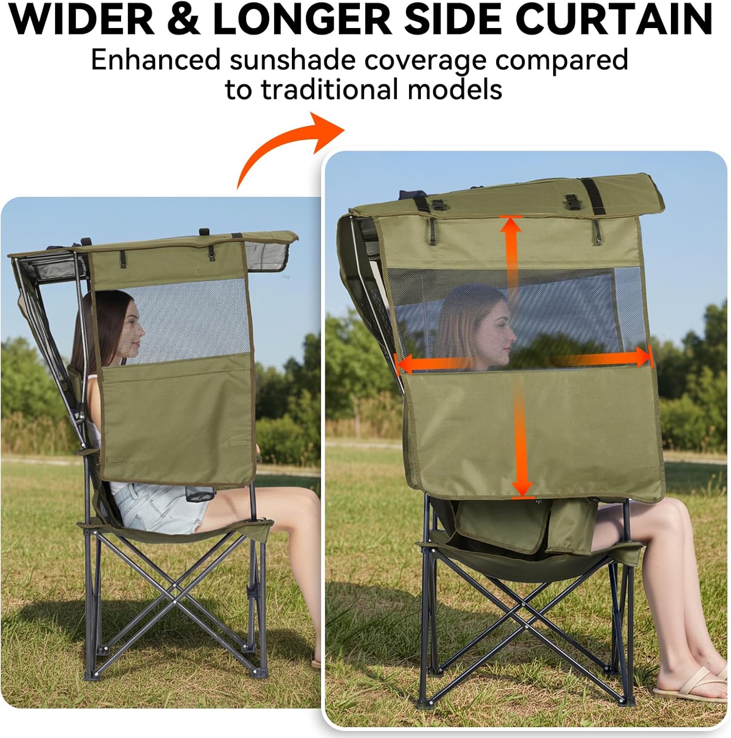 Huskfirm Camping Chair with Canopy Shade - Folding Beach Chair with UPF 50+ Sun Shade, Cup Holder, Side Pocket, Portable Sports Chair for Adults Support 330 LBS, Fishing Camp Outdoor Lawn Chair Green