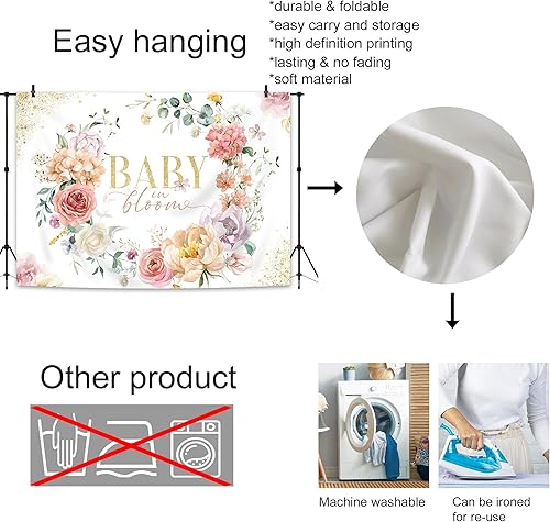 Vista 5 de Glawry Baby in Bloom - Telón de fondo de 7 pulgadas de ancho x 5 pies de alto, rosa, floral, para niñas, acuarela, peonía, hojas de flor de rosa