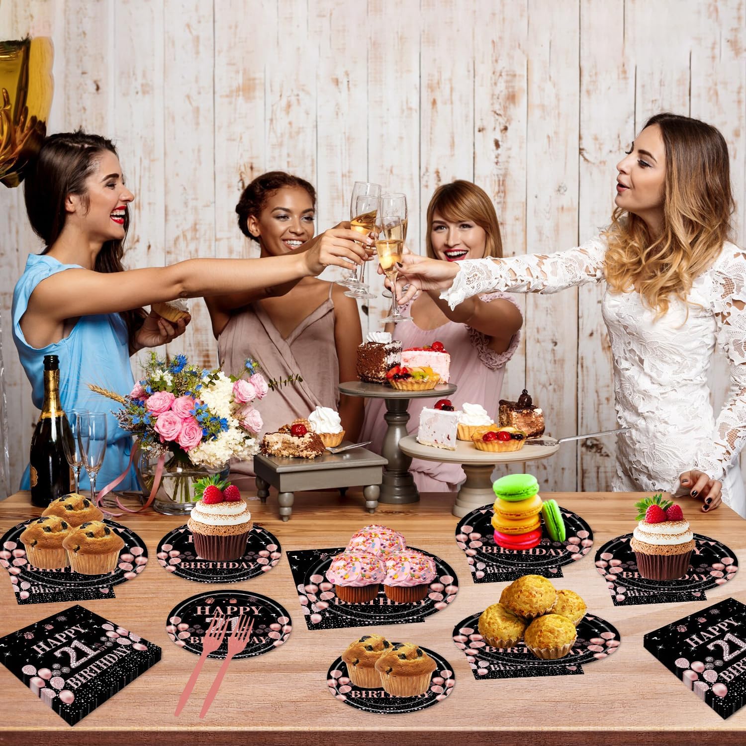 Rakuto 21st Birthday Party Tableware - 96PCS 21st Party Plates Napkins Forks Supplies Rose Gold 21st Birthday Party Supplies Decorations Girls Happy 21st Birthday Party Dinnerware Decor (24 Guests)