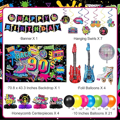 Miniatura 2 de Las decoraciones de fiesta de cumpleaños de los años 90 incluyen telón de fondo, globos de papel de aluminio y látex, adornos para pasteles y