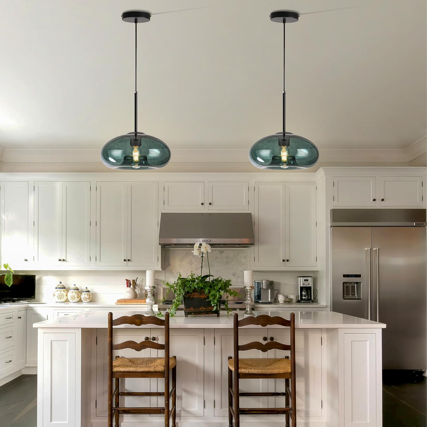 Vintage Green Glass Pendant Lights Kitchen Island with Handblown Shade,Adjustable Hanging Light Fixtures for Kitchen Island, Dining Room, Hallway - 11 Inch