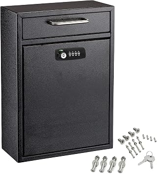 AdirOffice Wall Mount Mailbox - Combination Mailbox with Keys- Durable Wall Mounted Locking Mail Box and Cash Drop Box for House, Apartments and Business After Hours Deposits Large, Black