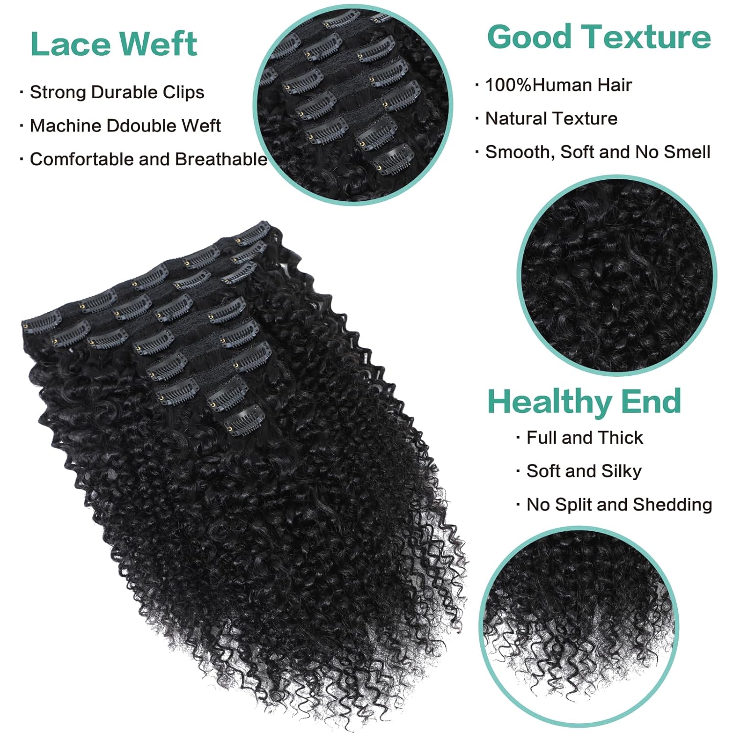 Kinky Curly Clip ins 3C 4A Curly Clip in Hair Extensions Full Head for Black Women Brazilian Remy Human Hair 8Pcs with 20Clips Natural Black Color 12 Inch - Image 3