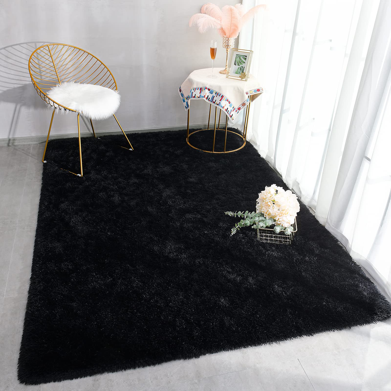 Maxsoft Puszyste dywany do salonu, czarne, Shag, do sypialni, 12 x 20 cm, puszyste dywany do pokoju dla dziewcząt, dzieci, pluszowe futrzane dywany do pokoju dziecięcego, obok łóżka, podłogi