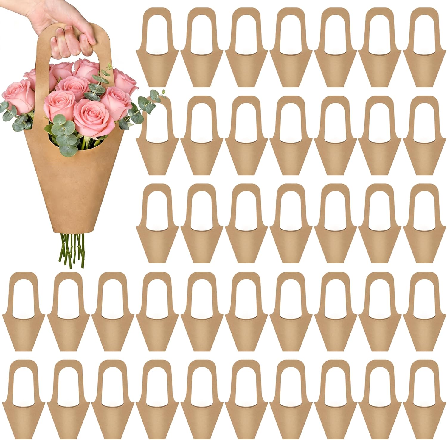 Mauproy 50 Pack Kraft Paper Flower Gift Bags with Handles, Flower Bouquet Holders Floral Wrapping Bags for Mother's Day, Flower Bar, Florist Supplies