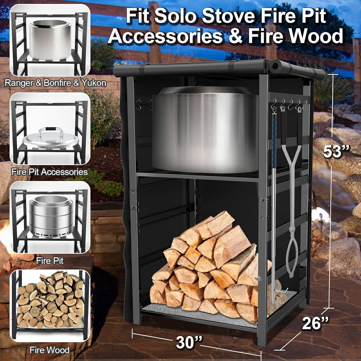 53in Storage Cabinet Station for Solo Stove Yukon/Bonfire/Ranger and more Smokeless Fire Pit Accessories with Waterproof Cover,Adjustable Firewood Storage Racks for Patio Logs and Fire Pit Accessories