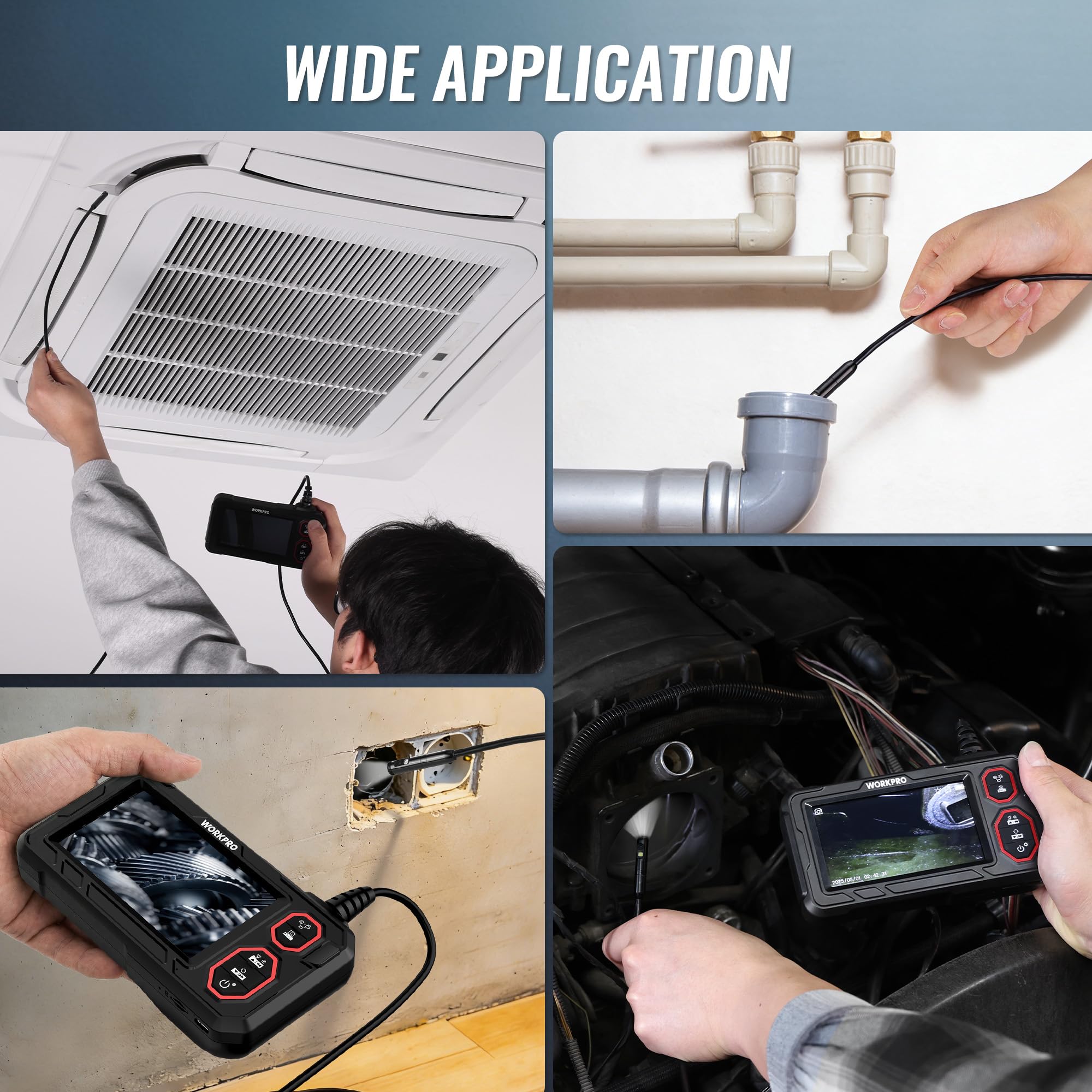 WORKPRO Cámara Endoscópica 1080P HD, Pantalla IPS 4,3", Boroscopio Digital Industrial con Tarjeta TF 32 GB, 8+1 LEDs, Cable Semirrígido 5M, IP67 para Inspección de Tuberías y Automóvil