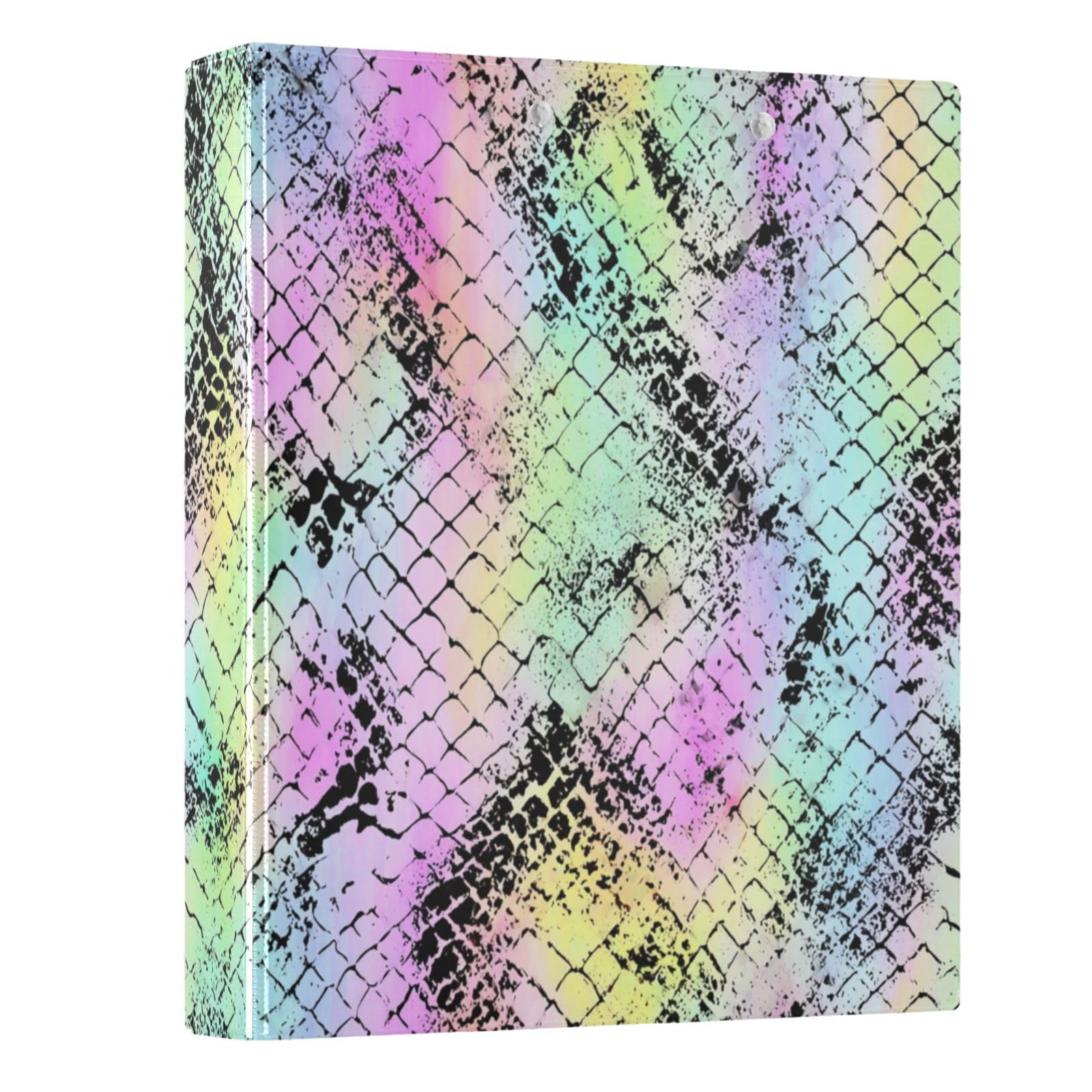Kcldeci Raccoglitore a 3 anelli, copertina rigida, stampa pelle di serpente arcobaleno, anelli rotondi da 3,8 cm, con tasche interne, per scuola, ufficio, ricette, raccoglitori, confezione da 2
