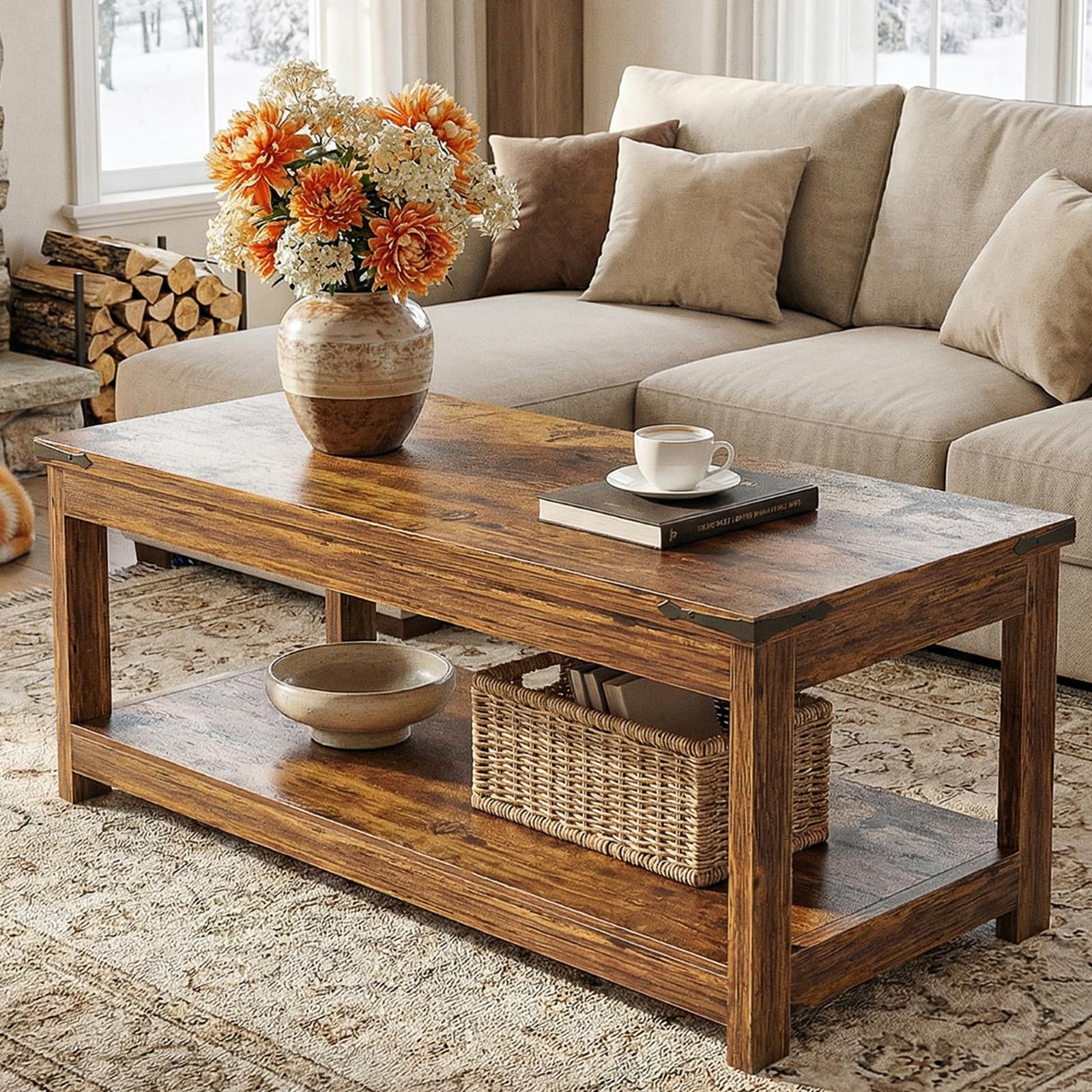 Homieasy 43 3 Rectangular Coffee Table with Storage Shelf Farmhouse Wood Center Table for Living Room Modern Black