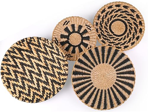 Juego de 6 cestas de pared tejidas para colgar, grandes, redondas, rústicas, rústicas, modernas, decoración de pared de ratán y seegrass hecha a