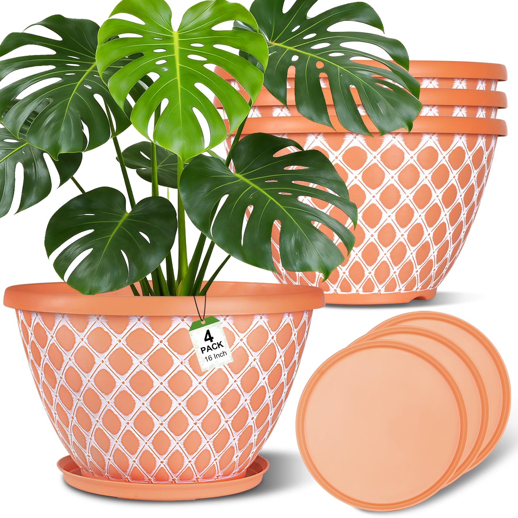 Nooulap 4 Pack 16 Inch Plant Pots Heavy Duty Large Planters Orange