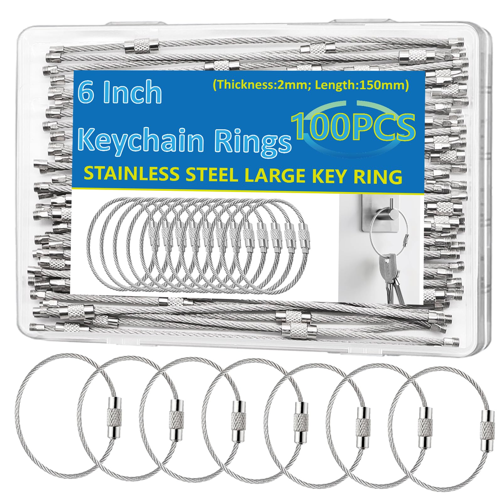 Seept50Pack, 100Pack(Can Choose) Key chain 6 inch Keychain Rings 2mm Stainless Steel Large Key Ring for Key Tags,Keyrings, Luggage Tags,ID Tag Keepers,Car Keys Wire Keychain Cable Packed in Box
