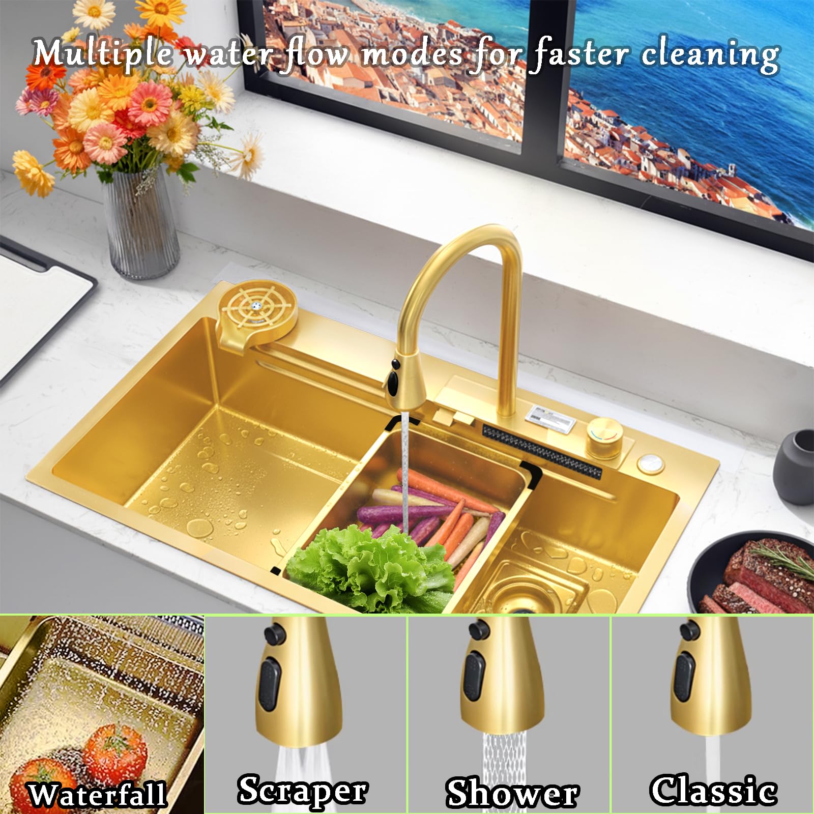 Fregadero de Cocina Sobre encimera y grifo extraíble, fregadero multifunción de acero inoxidable fregadero1 seno, diseño cascada ORO 34IN | 86CM
