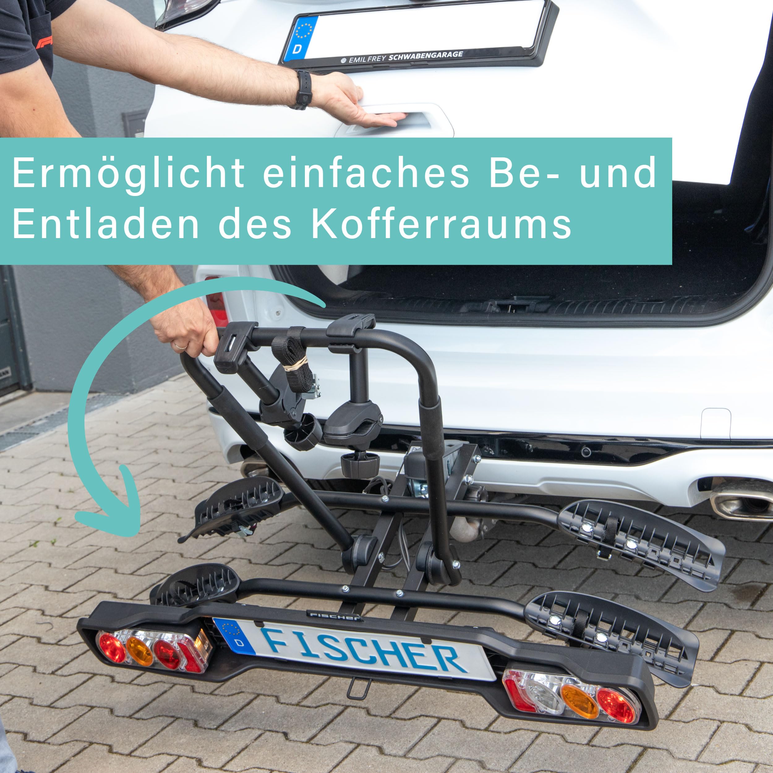 FISCHER Kupplungs-Fahrradträger SmartLine Black, für 2 Fahrräder bis 50 kg Nutzlast, für Anhängerkupplung, abklappbar, teilmontiert, mit integriertem Rahmenschutz