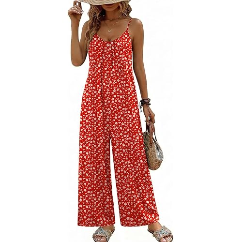 Ekouaer Wide Leg Jumpsuits for Women Casual Overalls Sleeveless Vacation Outfits One Piece Boho Printed Romper with Pocket