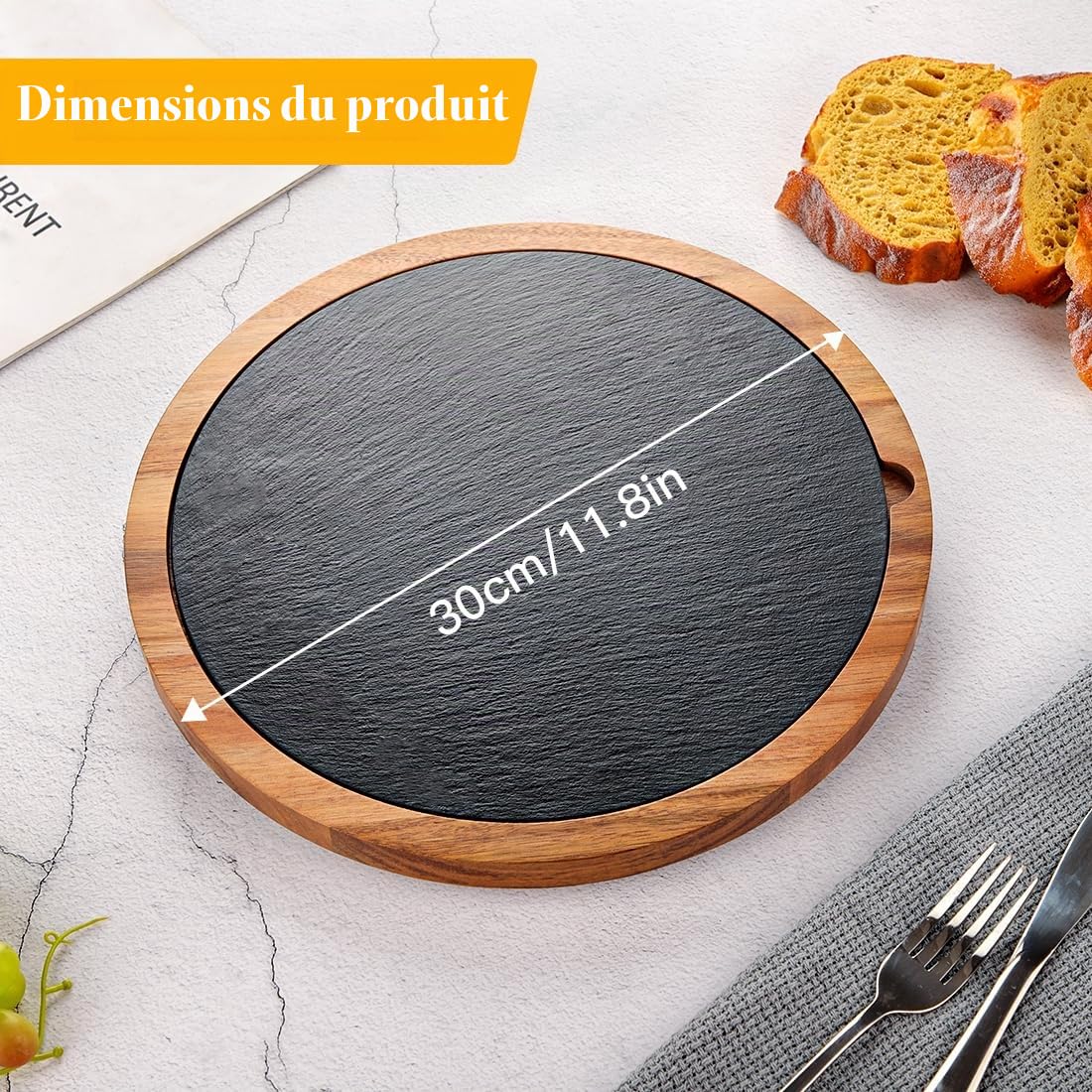 Plateau de service en bois d'acacia rotatif à 360° avec plateau en ardoise | Plateau à fromage rustique, planche à steak, plaque de grill et planche à sushi | Idéal pour la viande, le