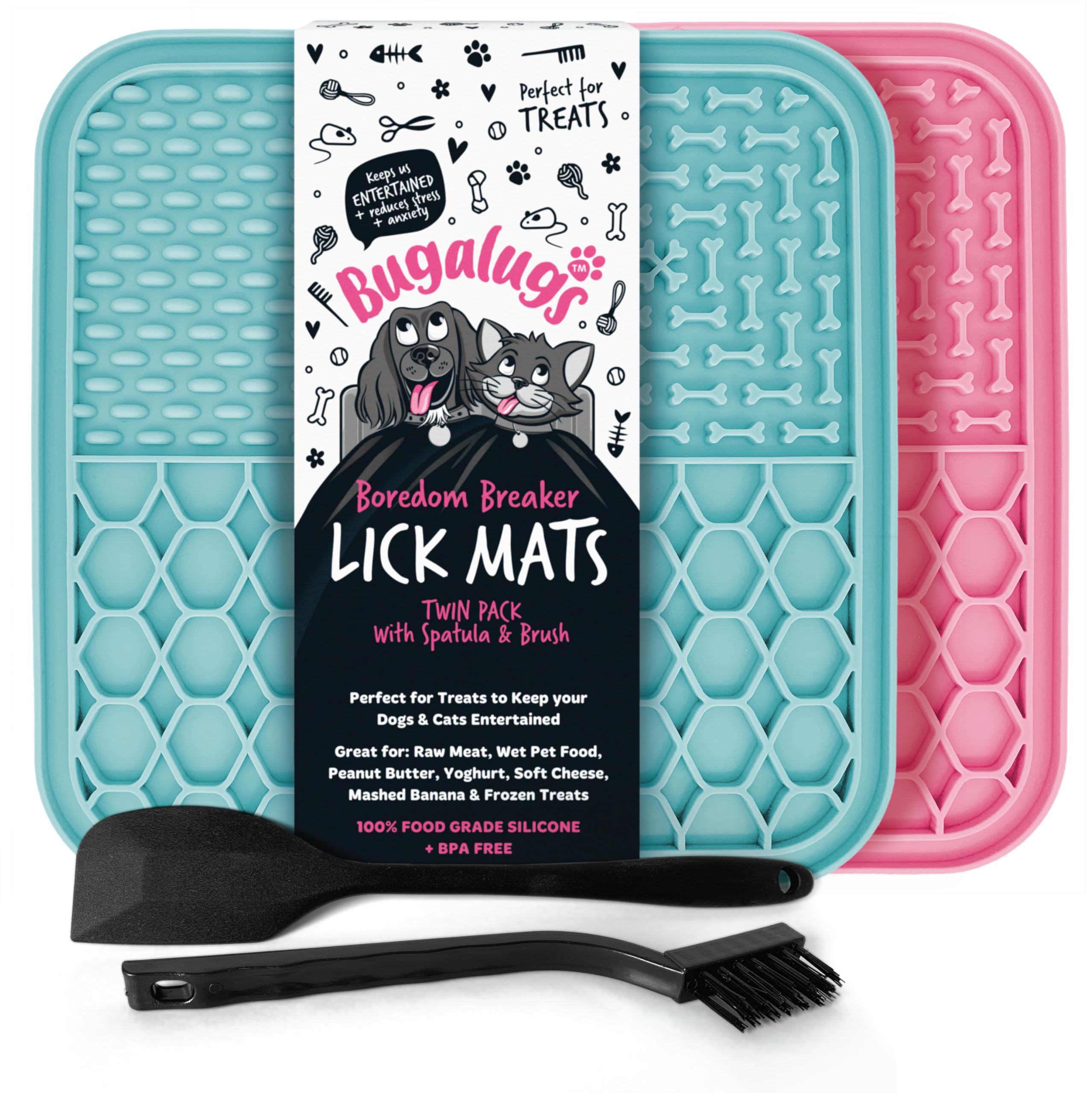 Bugalugs Licky Mats For Dogs, 100% Food Grade Lick Mats For Dogs & Cat Food Mat BPA Free Dog Mat, Feeding & Licking Lick Mat, Reduce Stress & Anxiety, 2x Pet Food Mat, Spatula & Brush (Pink & Blue)