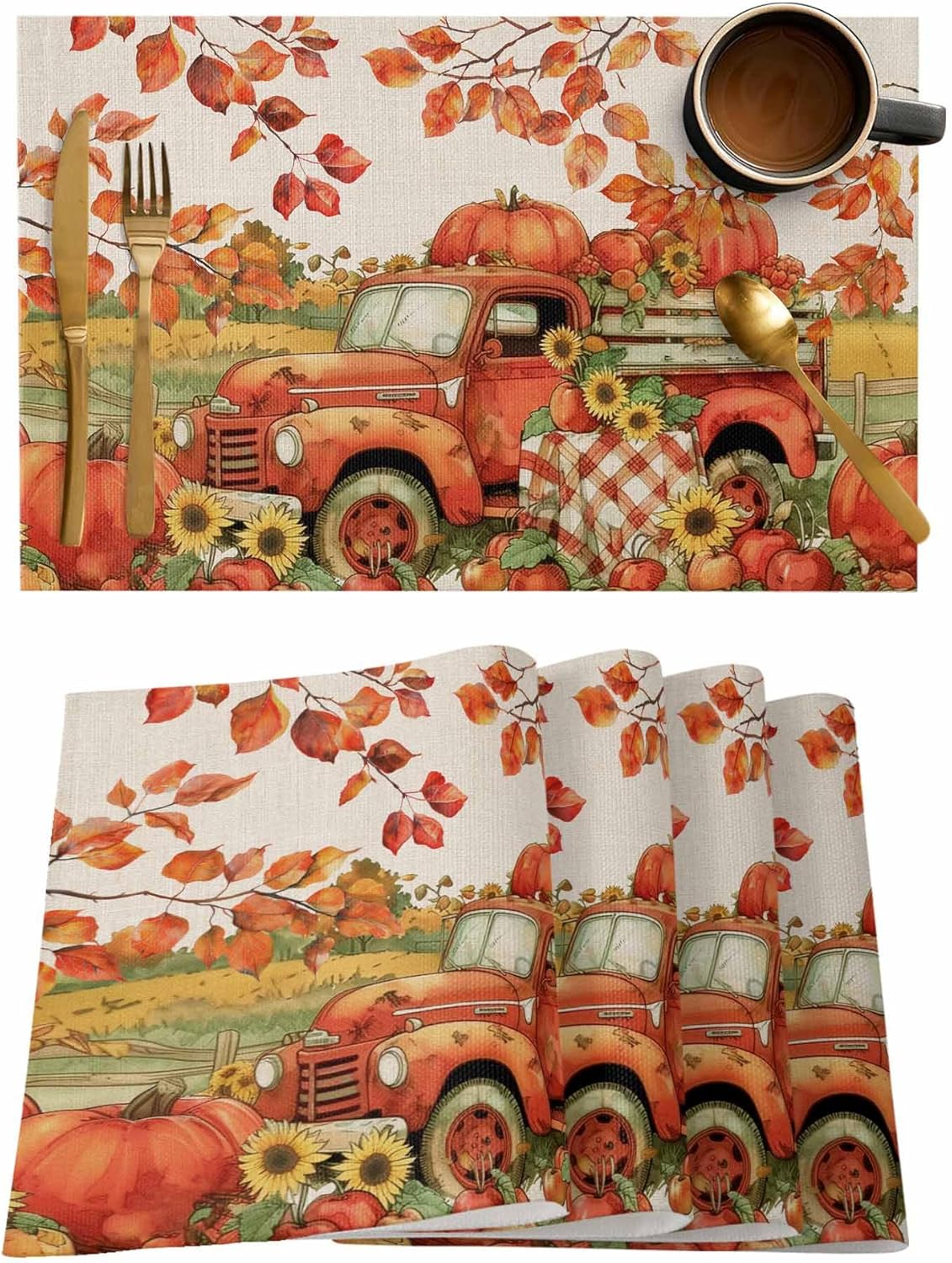 Fall Placemats Set of 4 Retro Farmhouse Truck Pumpkin Autumn Leaves Sunflowers Place Mat for Dining Table Washable Burlap Cotton Table Mats