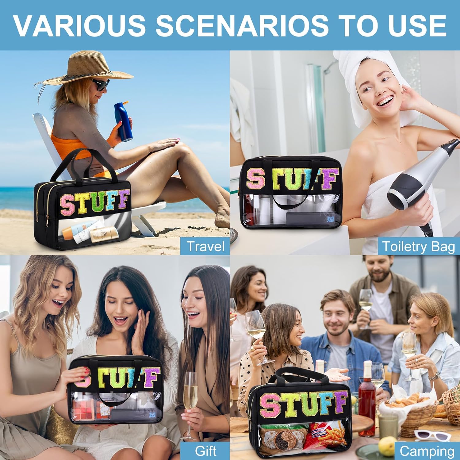 Pinkunn Black Makeup Bag Large Clear Chenille Letter Stuff Bags Double Zipper Layer Waterproof Nylon Cosmetic Bag with Wet Dry Separation Travel Toiletry Organizer Pouch for Women Girls - Image 7