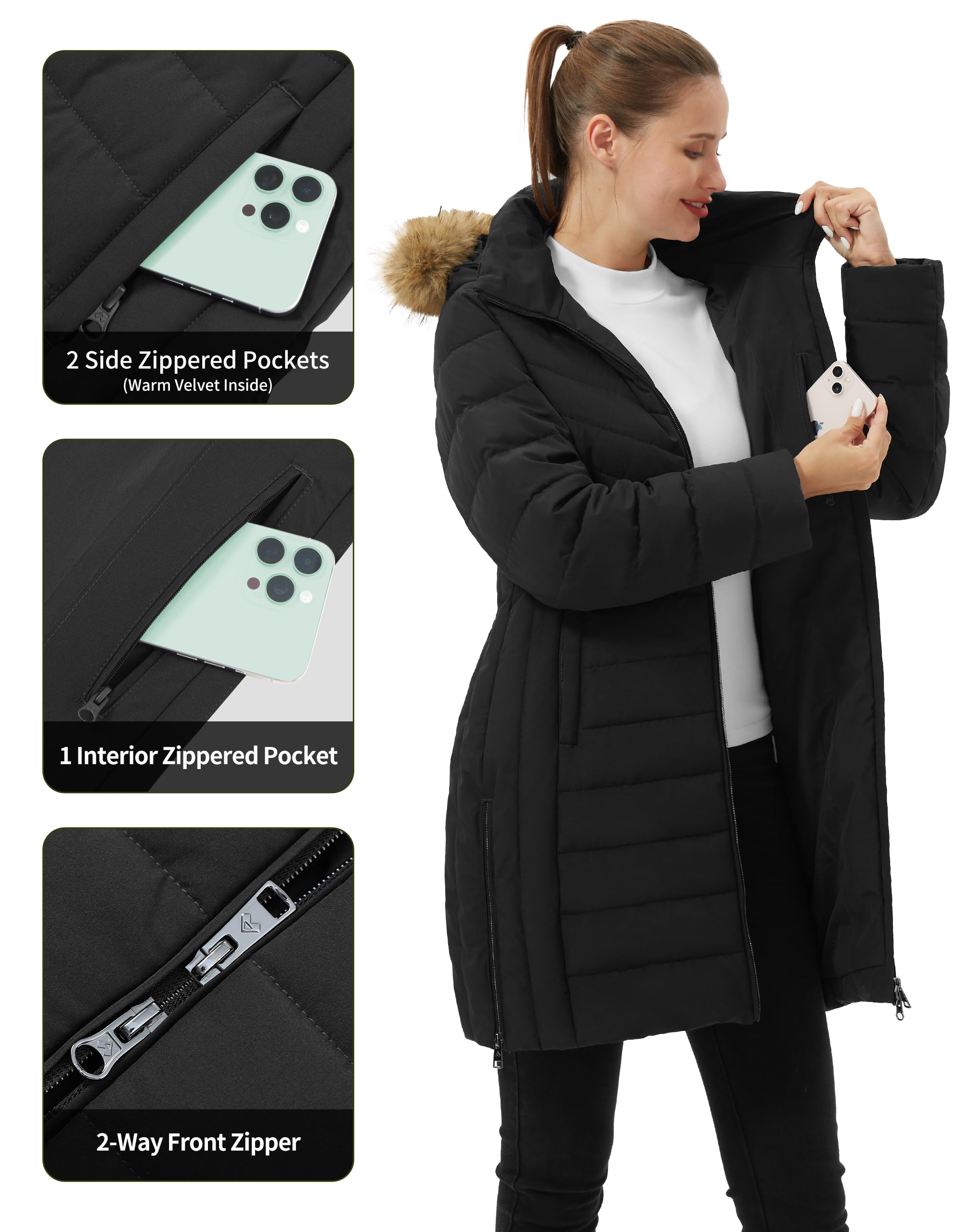 Pioneer Camp Cappotto invernale da donna, lungo, caldo, trapuntato, impermeabile, invernale, con colletto in pelliccia sintetica rimovibile