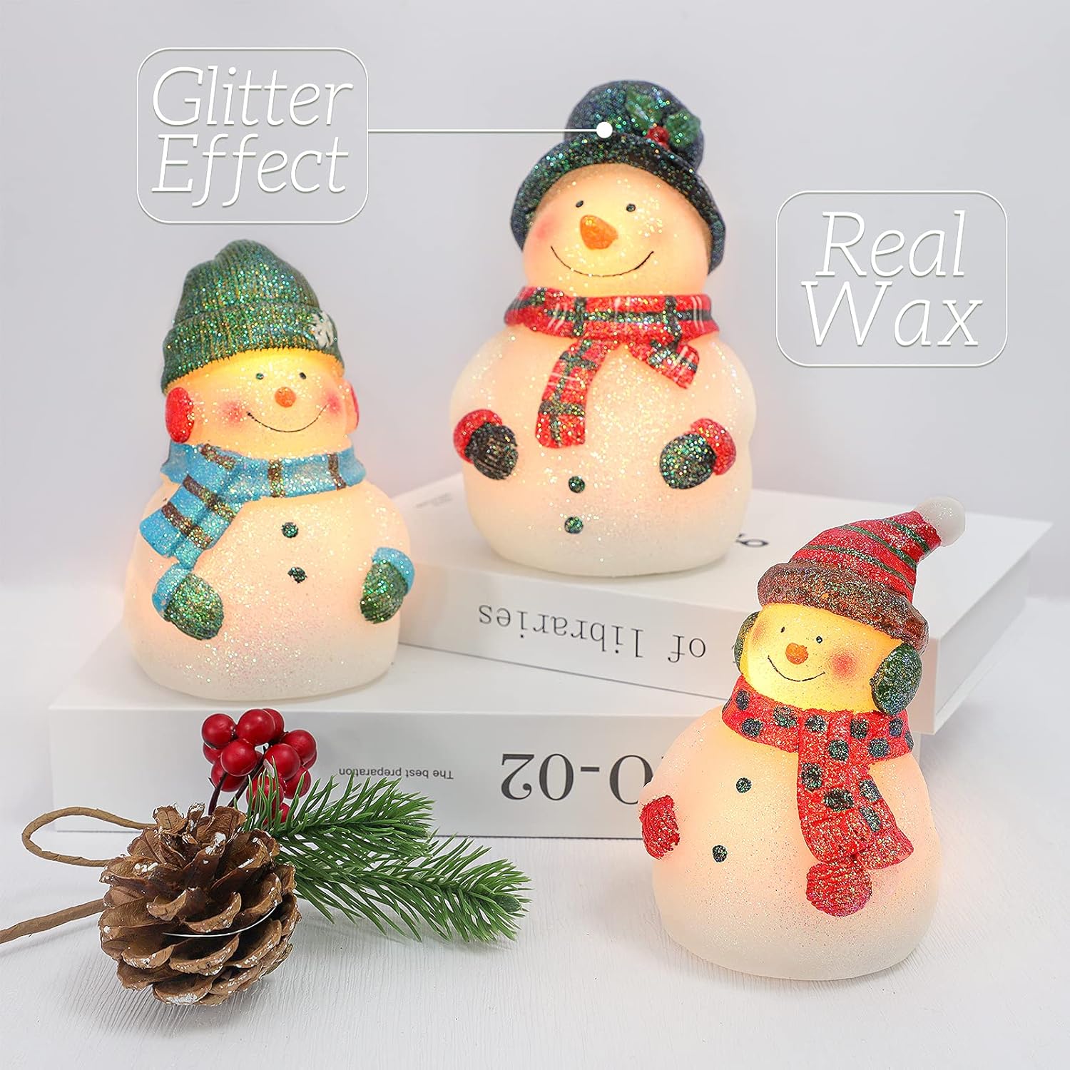 Crystal Club Christmas Flameless Candles, Set of 3 Santa Snowman Real Wax Candles, Battery Operated LED Candles with Remote and Timer for Christmas Tree, Holiday Home Décor (Red)