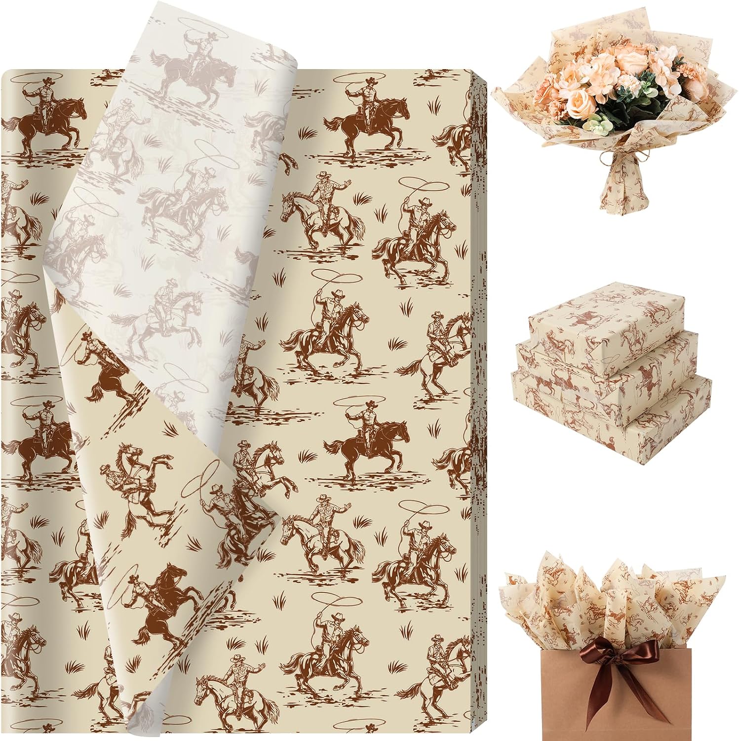 60 Sheets Western Cowboy Tissue Paper, Borwn Wild West Rodeo Seamless Pattern Art Crafts Paper for Birthday Baby Shower Supplies,13.8'' x 19.7''
