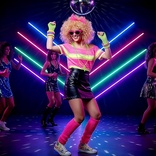 Miniatura 7 de Cindeer Accesorios de disfraz de los años 80 para mujer, diadema, peluca, guantes, collar, aretes, calentador de piernas, lentes y pulsera