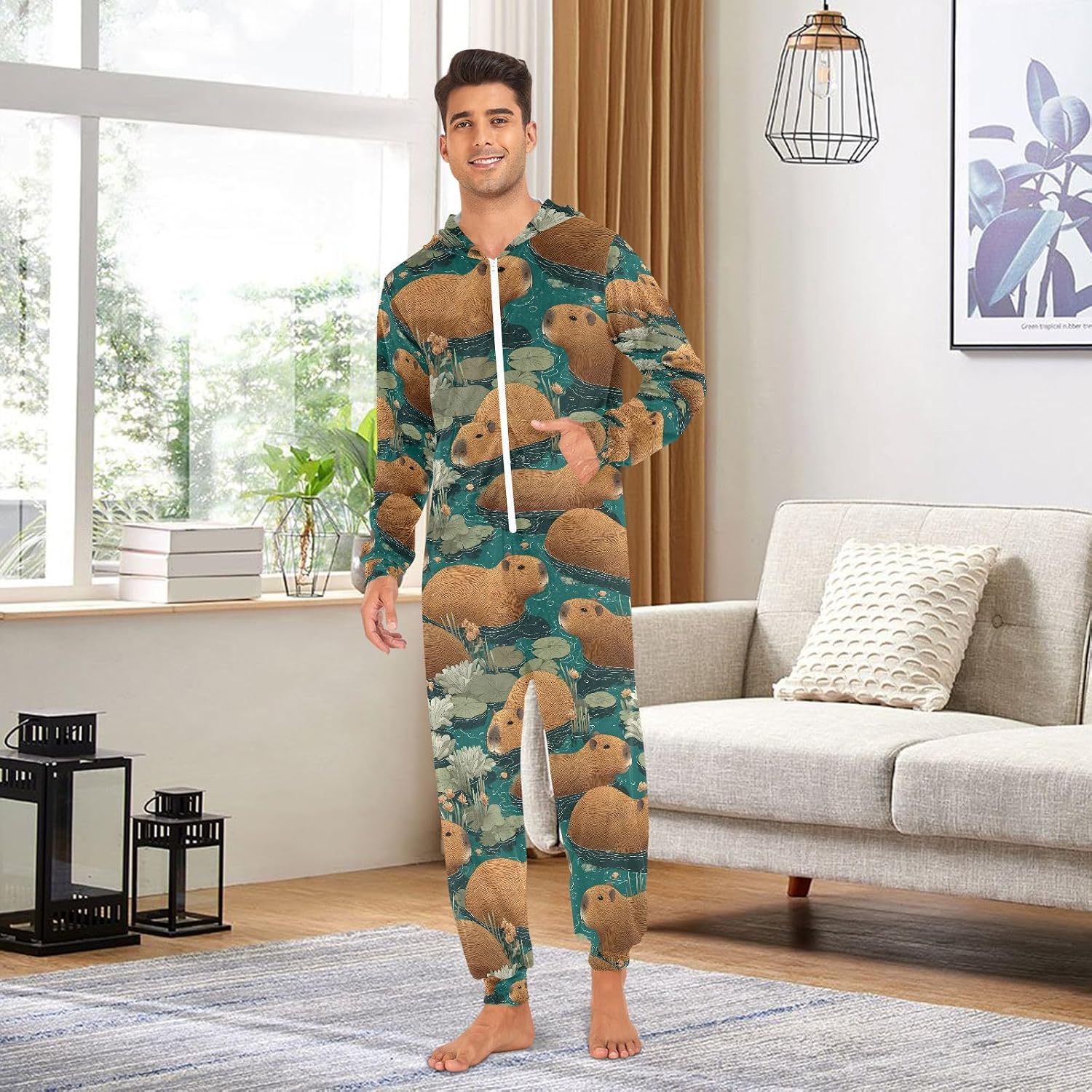 Capybara Lotus Adult Onesie Pajamas Novelty One Piece Costume Sleepwear Jumpsuits Matching PJS