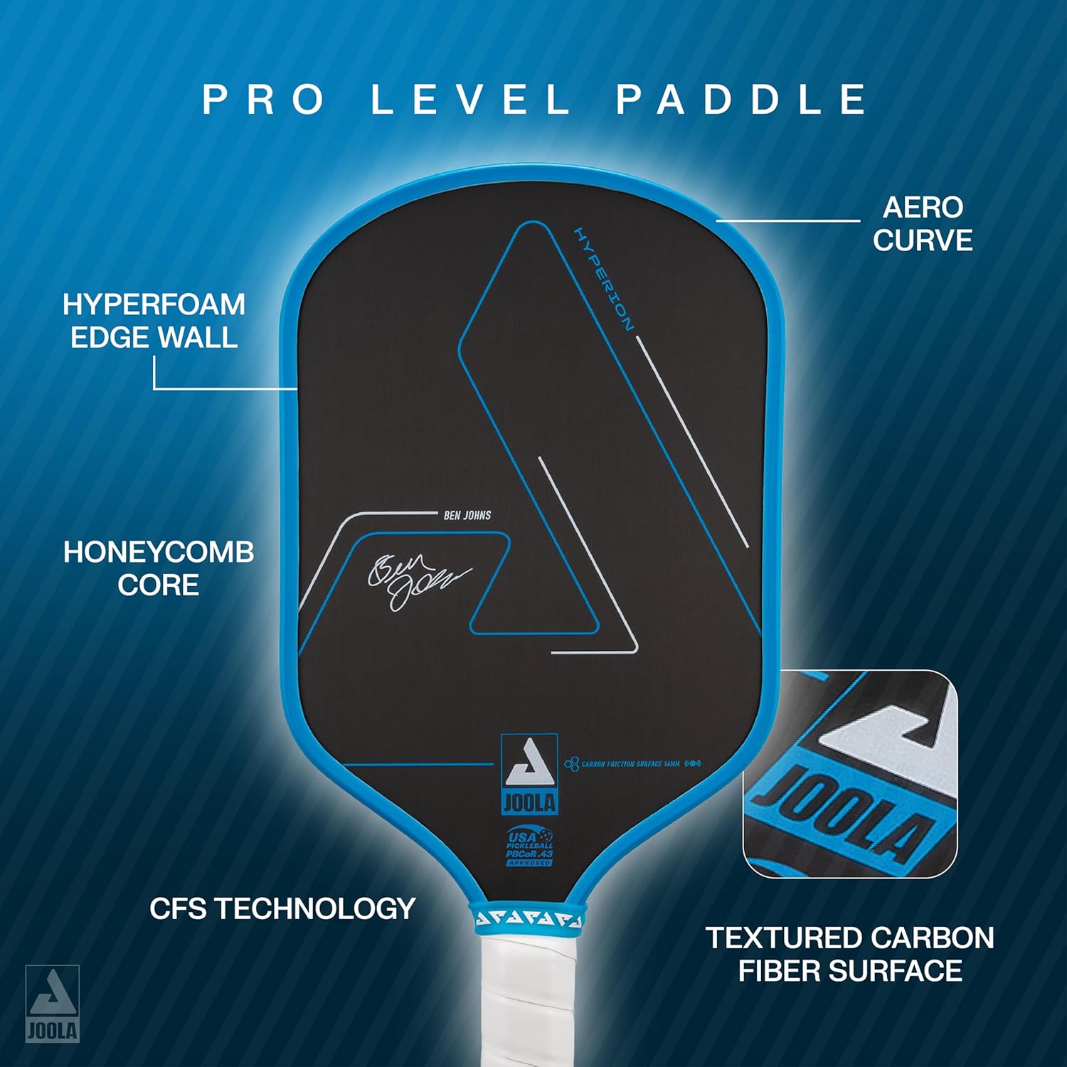 JOOLA Ben Johns Hyperion CFS Pickleball Paddle – Carbon Surface with High Grit & Spin, Elongated Handle, USAPA Approved Ben Johns Paddle
