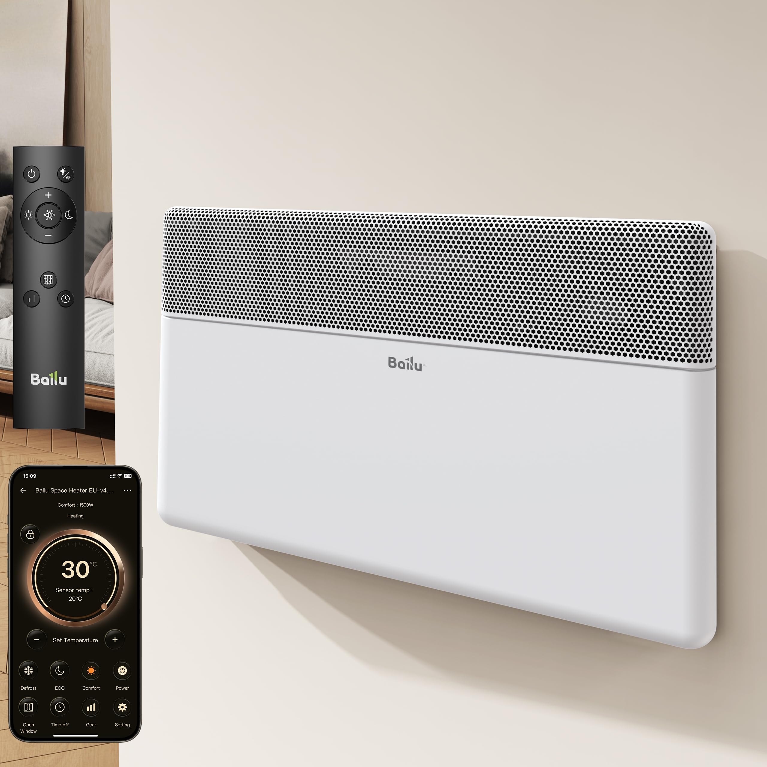 Ballu Radiatore elettrico a basso consumo 1500 W, convettore elettrico WiFi con app, touch screen, riscaldamento elettrico con Google Home e Alexa, installazione a parete o pavimento, telecomando