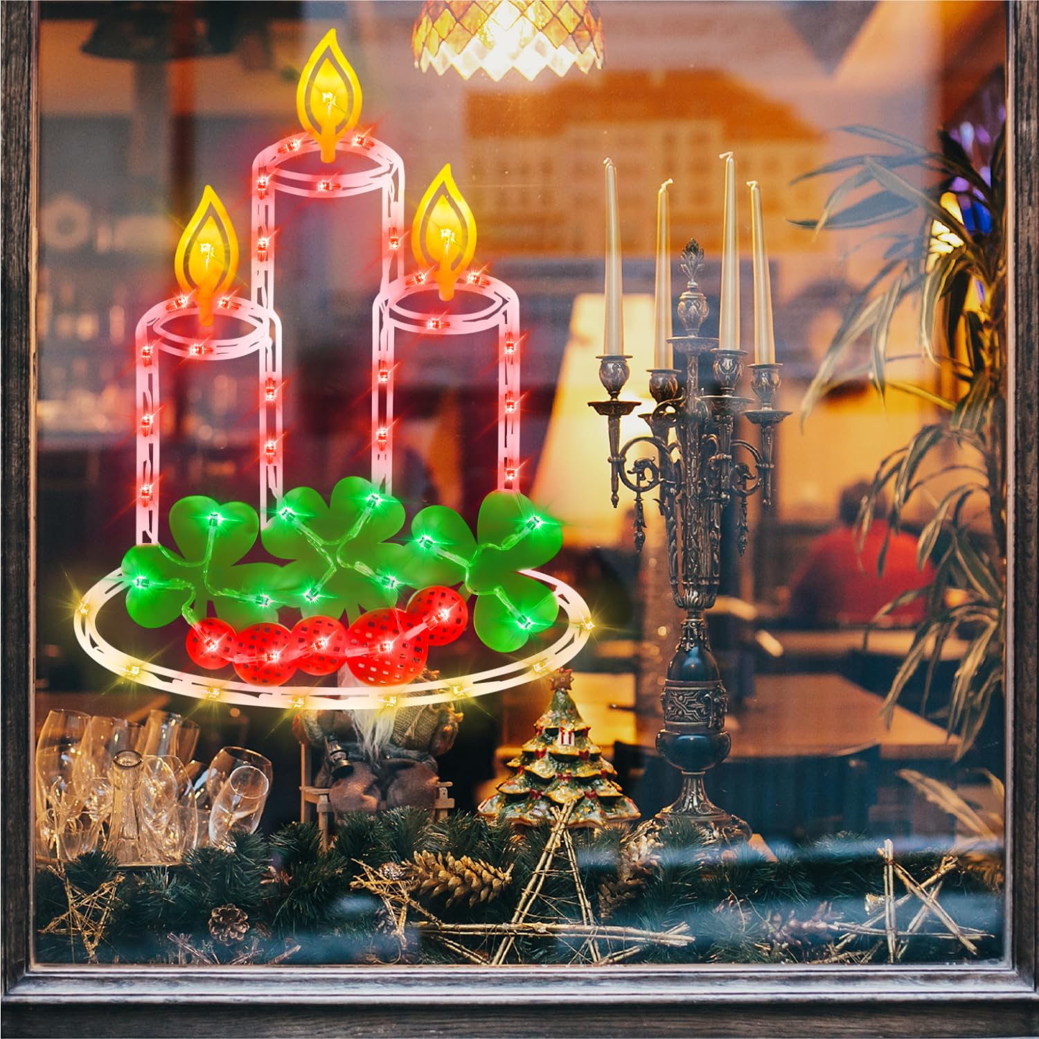 Luces de silueta de ventana de Navidad de 16 pulgadas, paquete de 6 unidades de color iluminado reno y Belén estrella y nacimiento y vela y ángel y campana para las vacaciones, decoración de