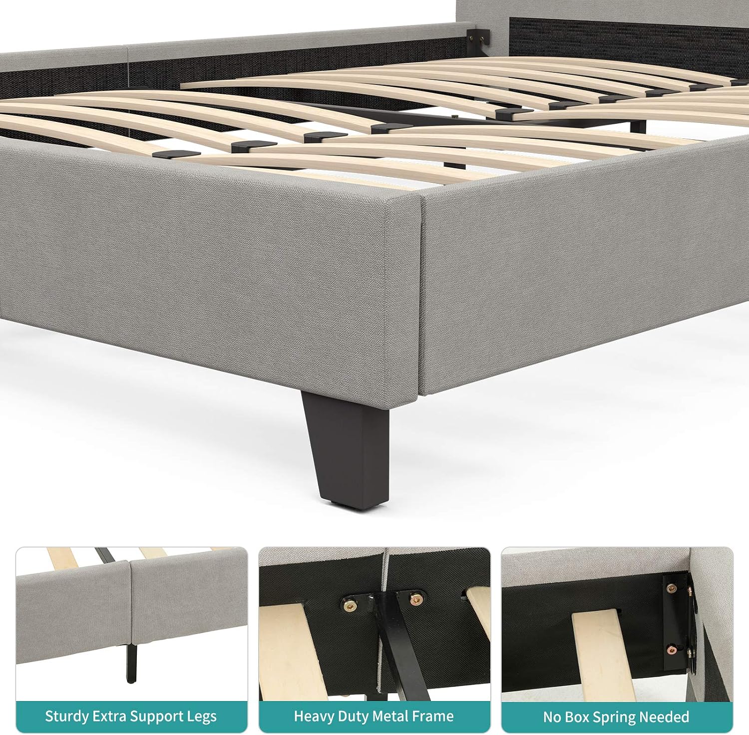 mecor Queen Platform Bed / Metal Frame with Tufted Square Stitched Fabric Headboard - Strong Wood Slat Support - No Box Spring Needed, Easy Assembly - Light Grey, Queen Size