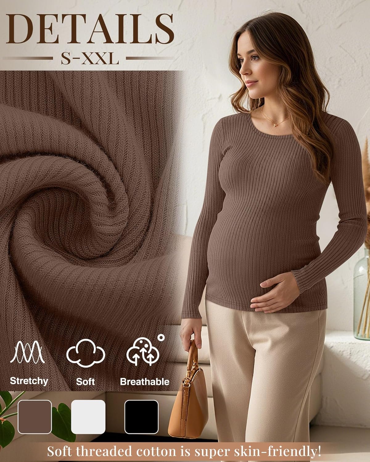 3 Pack Women's Maternity Shirts Long Sleeve Ribbed Round Neck Pregnancy Tops Casual Basic Tee Maternity Clothes - Image 4