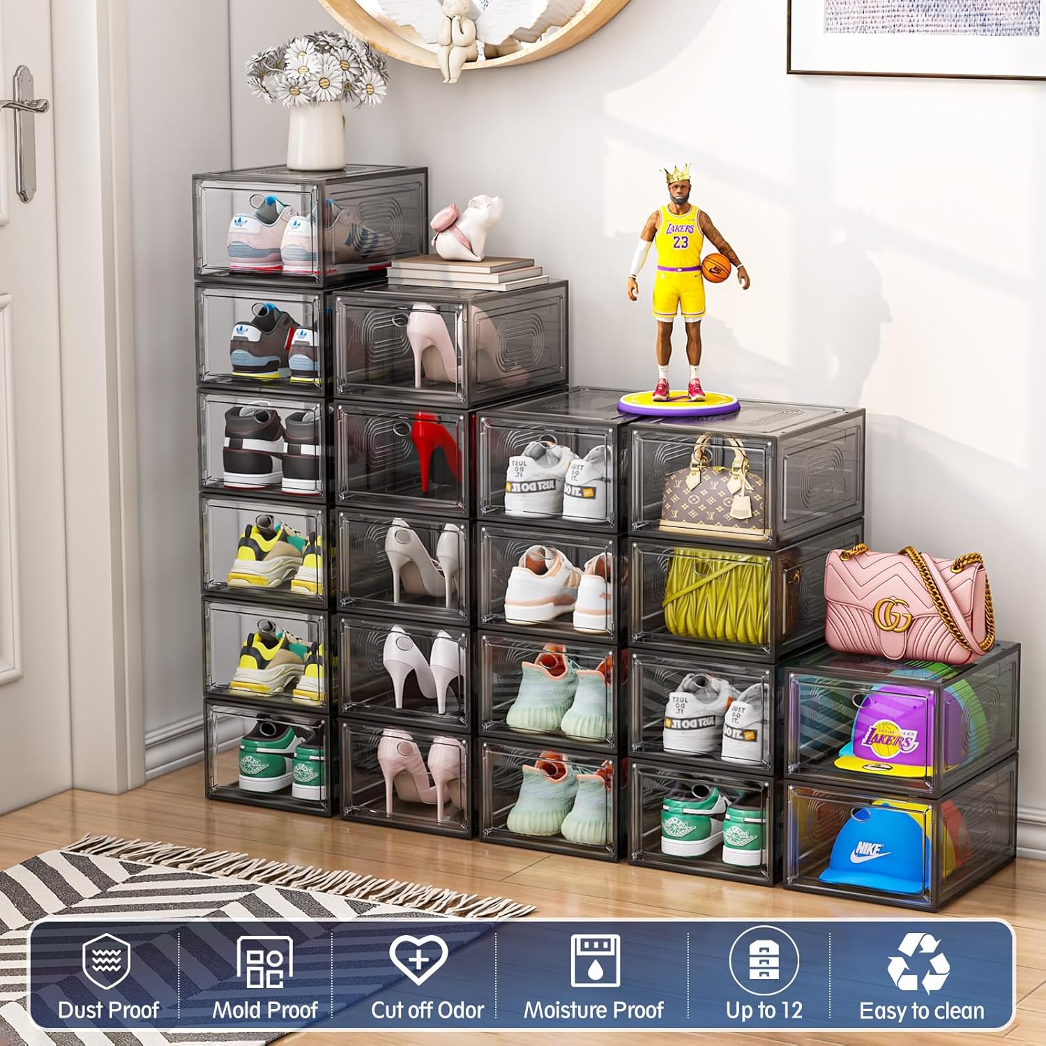 10 Pack Shoe Organizer, Upgrade Sturdy Shoe Boxes Stackable Shoe Storage Containers with Magnetic Door, Thicken Sneaker Storage Fit up to US Size 12, Black, Balck