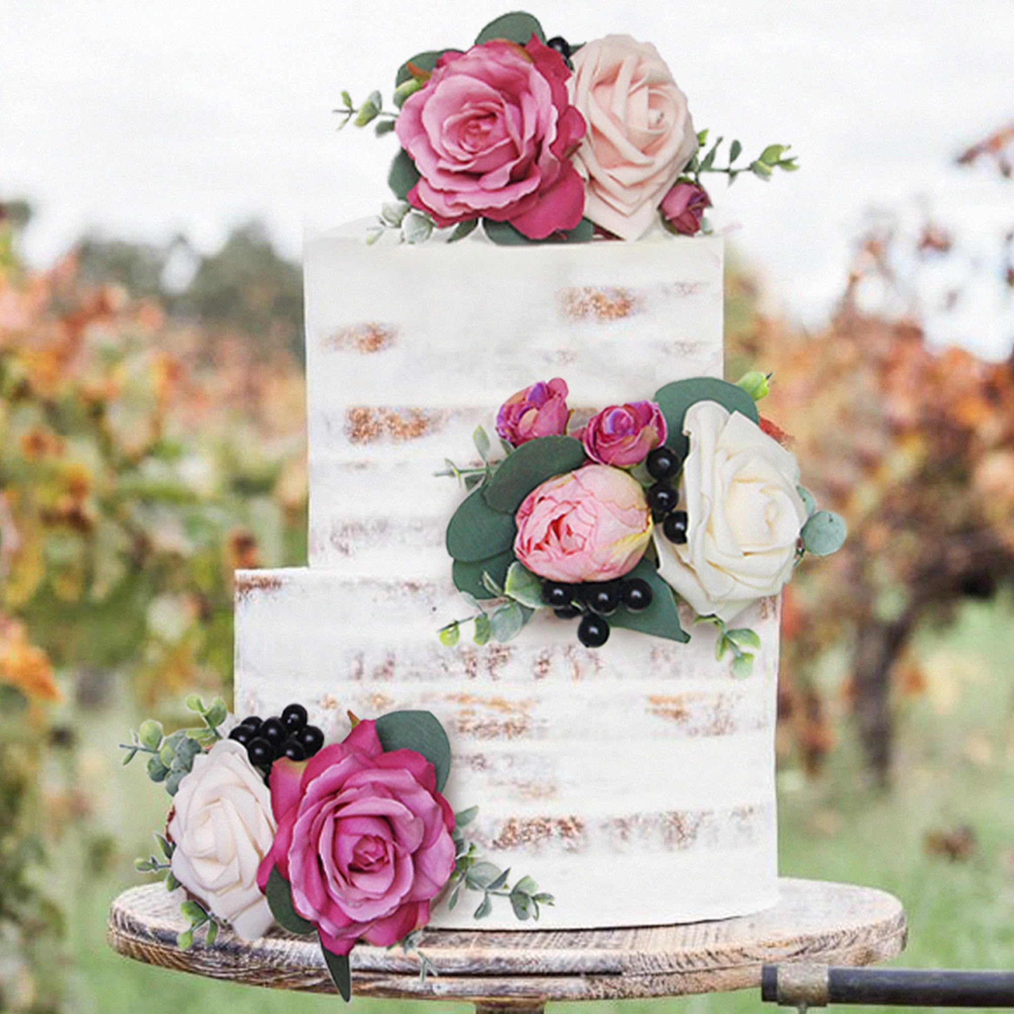 Rinlong 3Pcs Berry Pink Cake Topper | Pre-Made Cake Decorations | Wedding Cake Decorating Flowers | Cake Decor for Baptism Girl Birthday Party Bridal Baby Shower