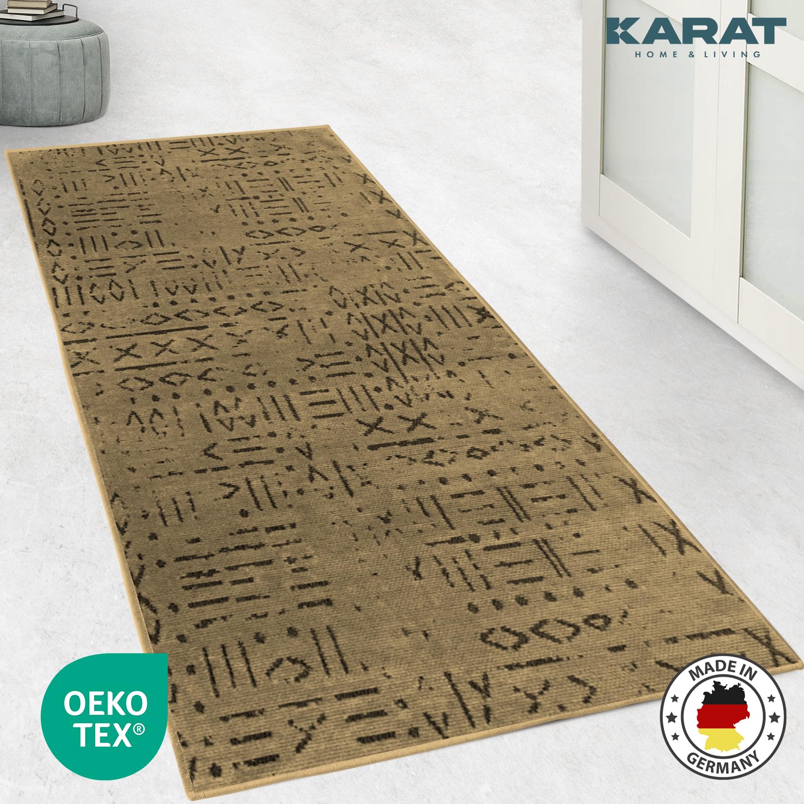 KARAT Tapis de couloir premium tissé avec motif - 80 x 450 cm, Beige - Tapis en coton pelucheux - Tapis pour cuisine, couloir et espace de vie - Tapis de couloir pour cuisine, couloir et entrée (Vena)