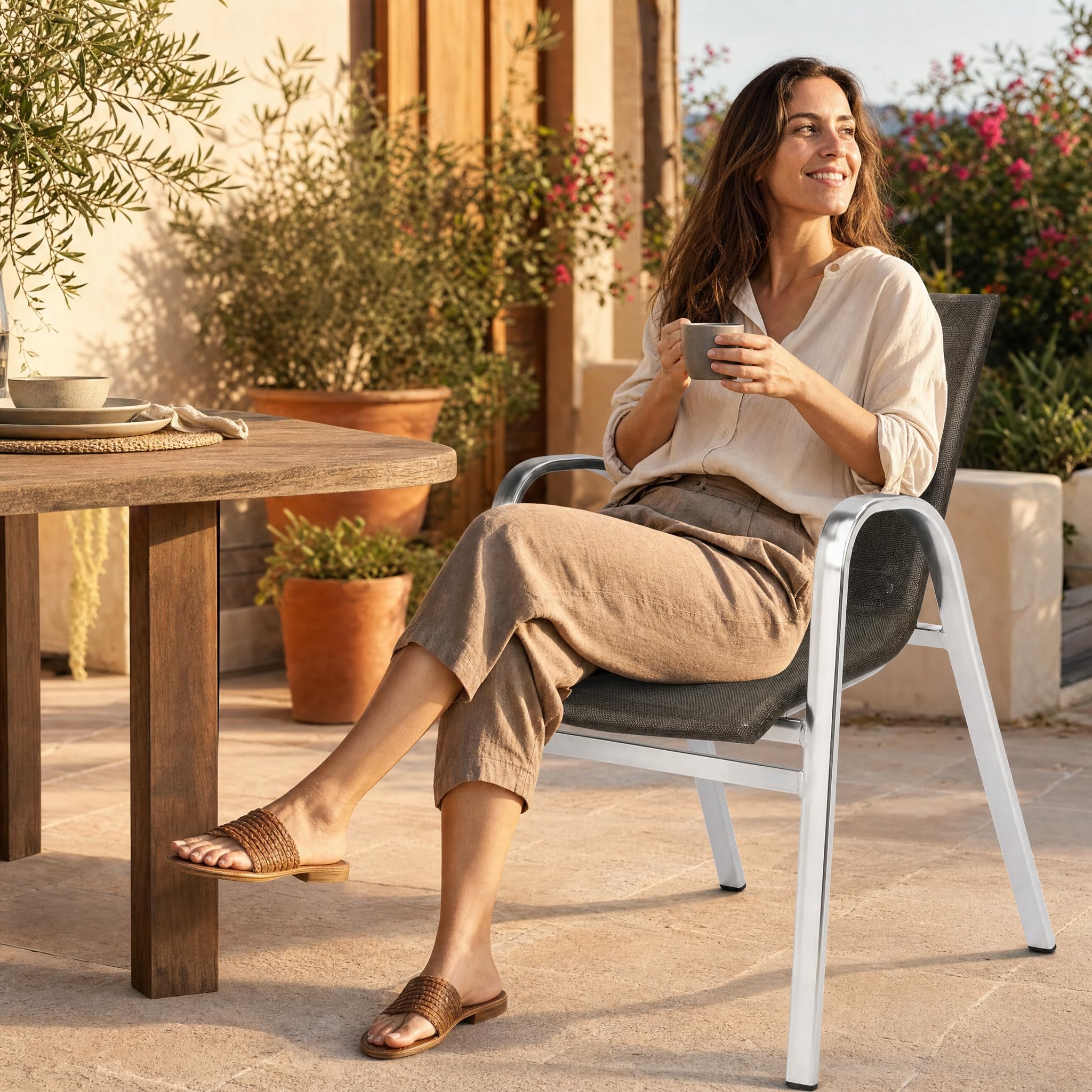 Silla de Jardín Apilable | Sillón Exterior Aluminio | Verde Oliva