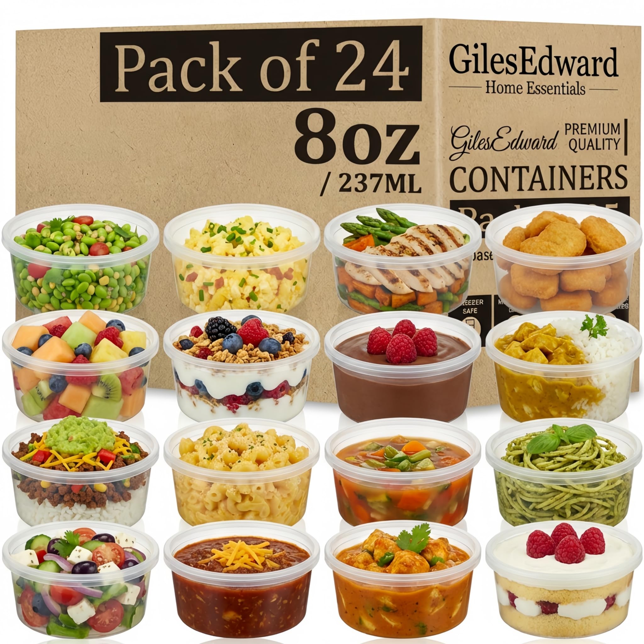 Gilesedward Transparent 24 Pack 8Oz Soup Containers With Lids, Large Plastic Food Storage Tubs For Batch Cooking, Leakproof Reusable Deli Pots, Freezer & Microwave Safe, Bpa Free Meal Prep Containers For Curry, Stew & Soup