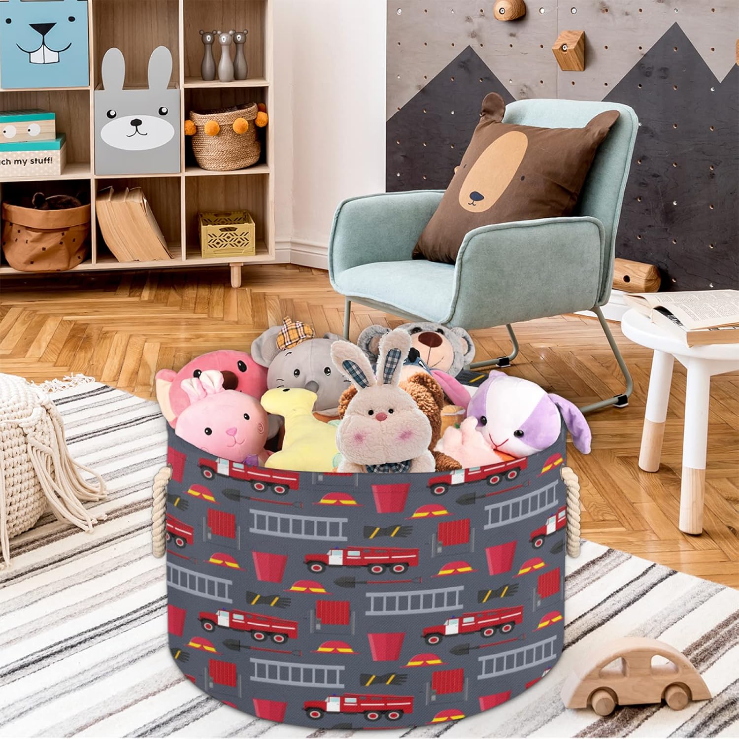 Pardick Large Round Storage Basket Fire Department Truck Collapsible Circle Storage Bin Laundry Hamper With Handle for Toy Blanket Dirty Clothes Towel Living Room Nursery Storage Organizer