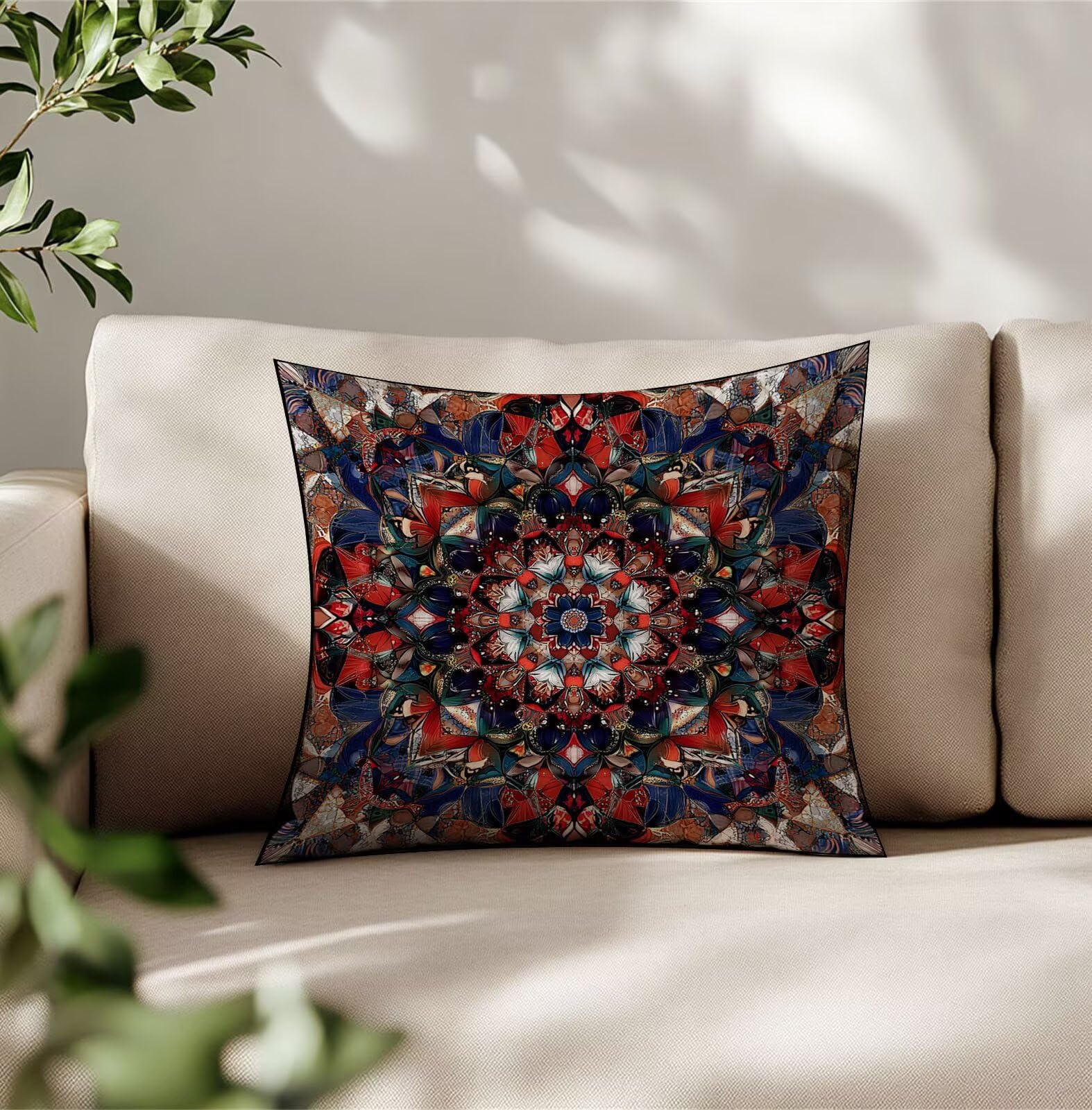 TG-35 czerwona poszewka na poduszkę, 75 x 75 cm, mandala, zestaw 2 poduszek dekoracyjnych, wygląd lnu, poliester, na zewnątrz, odporna na warunki atmosferyczne, na lato, wodoodporna, na patio, do
