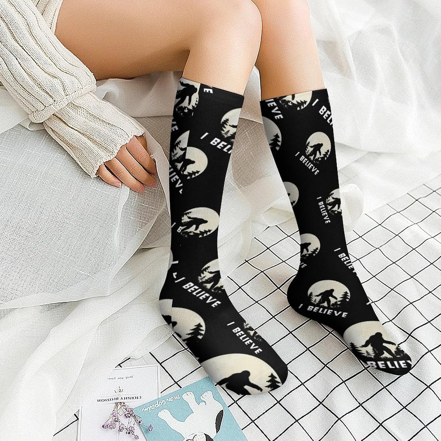Bigfoot Sasquatch I Believe Knee High Socks Casual Long Stockings Over Calf Sock Tube for Women Men