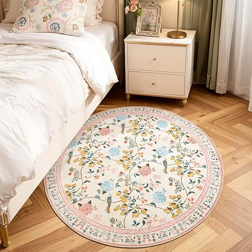 jinchan Floral Round Rug 4ft, Soft Non Slip Small Rugs
