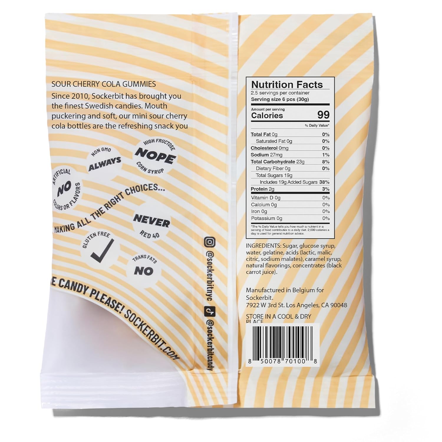 Sockerbit Swedish Candy Sour Cherry Cola Gummies, 5 Bags, Sweet & Sour Candy Cherry Cola Soda Bottle Gummy Candies, Sugar-Coated Chewy Gummies, Gluten Free & Non GMO, 2.82oz Each Bag