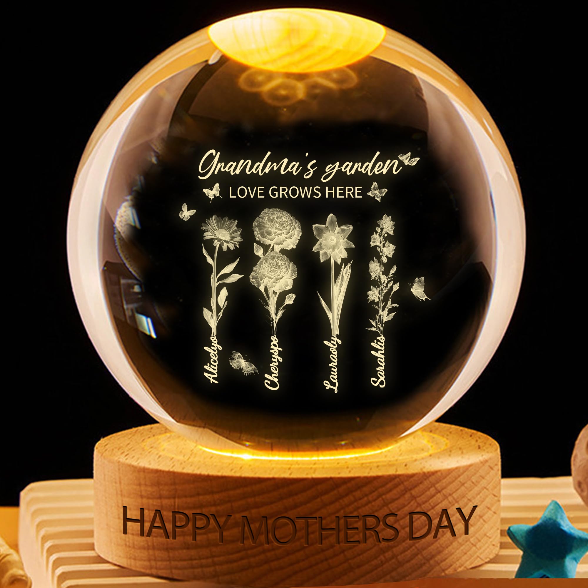 Custom Birth Month Flower Crystal Snow Globe – Personalized Grandma's Garden Names, Light Up LED Globe, 3D Crystal Ball Night Light, Keepsake Gifts for Grandma Mom Family Kids Christmas, Birthday — image 1