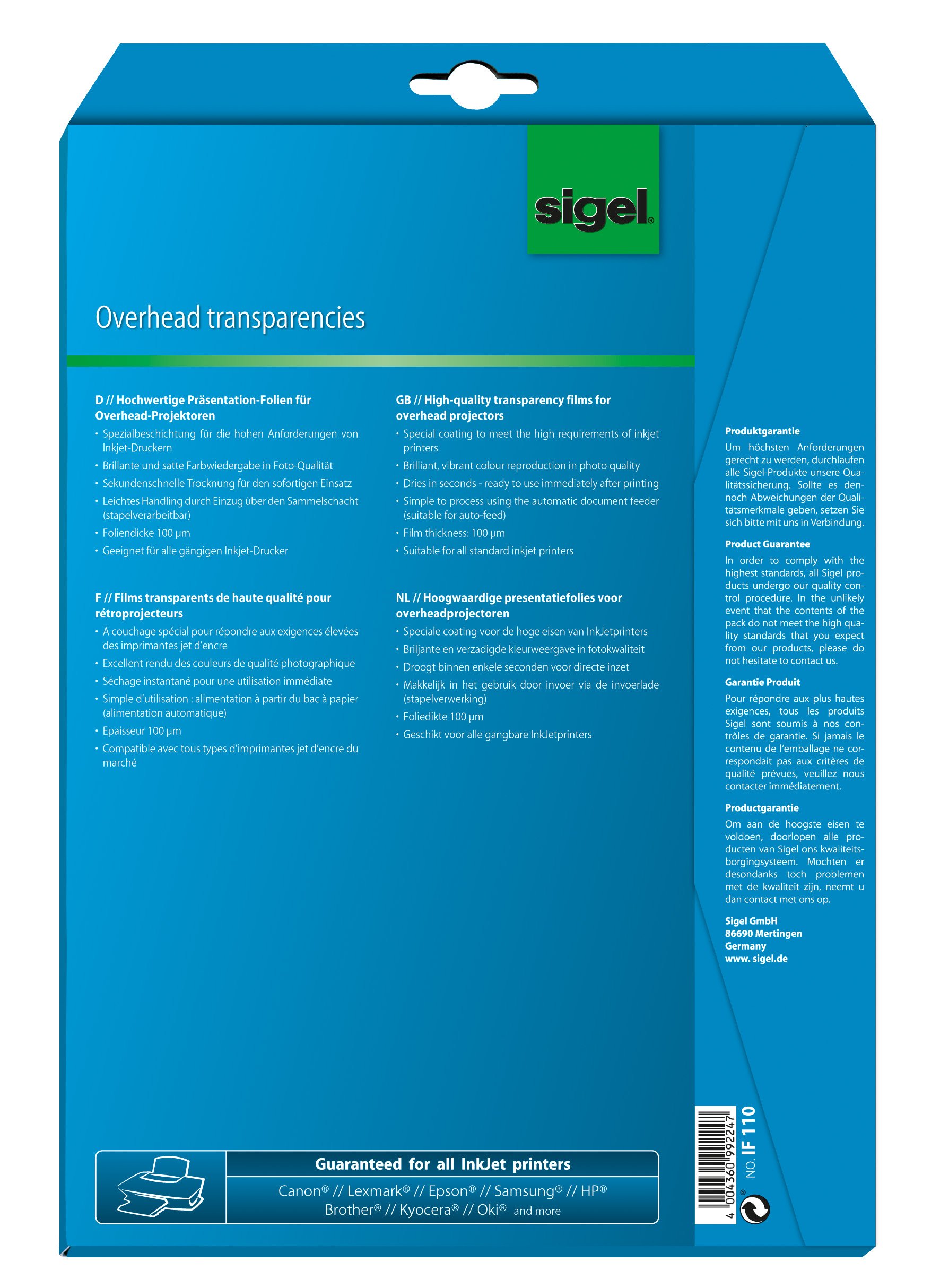 SIGEL IF110 Film InkJet trasparente, per alimentazione automatica, A4, 100 µm, 10 fg