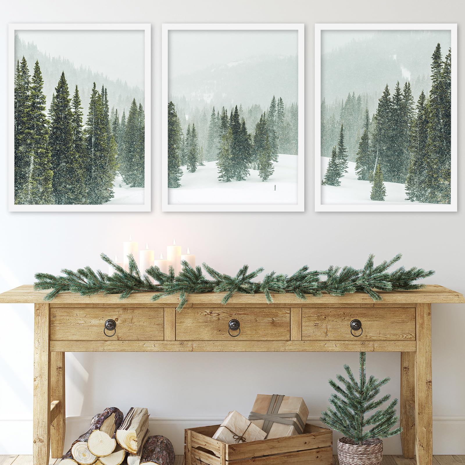 JarThenaAMCS 12 x 16 Inch Winter Trees Wall Art Prints Snow Covered Mountain Forest Art Poster Xmas Winter Nature Room Decor for Gallery Living Room Bedroom Wall, Set of 3 (No Frame)