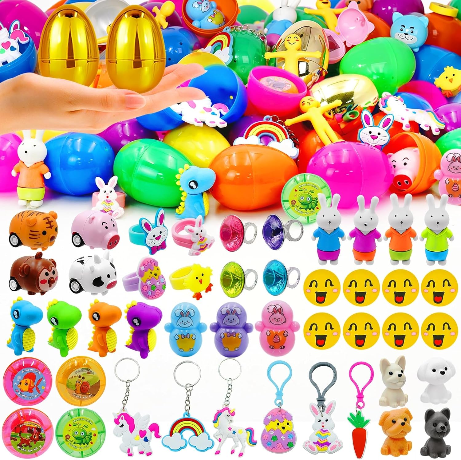 [ Surprise Golden Egg ] 50PCS Prefilled Easter Eggs with Toys ,50 Plastic Easter Eggs Fillers with Assorted Toys for Kid Toddler Boys Girls Easter Basket Stuffers Party Favors