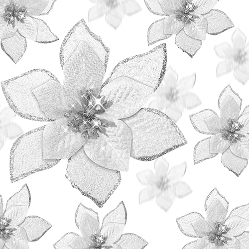 WILLBOND 24 flores de Pascua con purpurina de 3 tamaños, flores de imitación para boda, adornos de Navidad para árbol de Navidad, Año Nuevo,