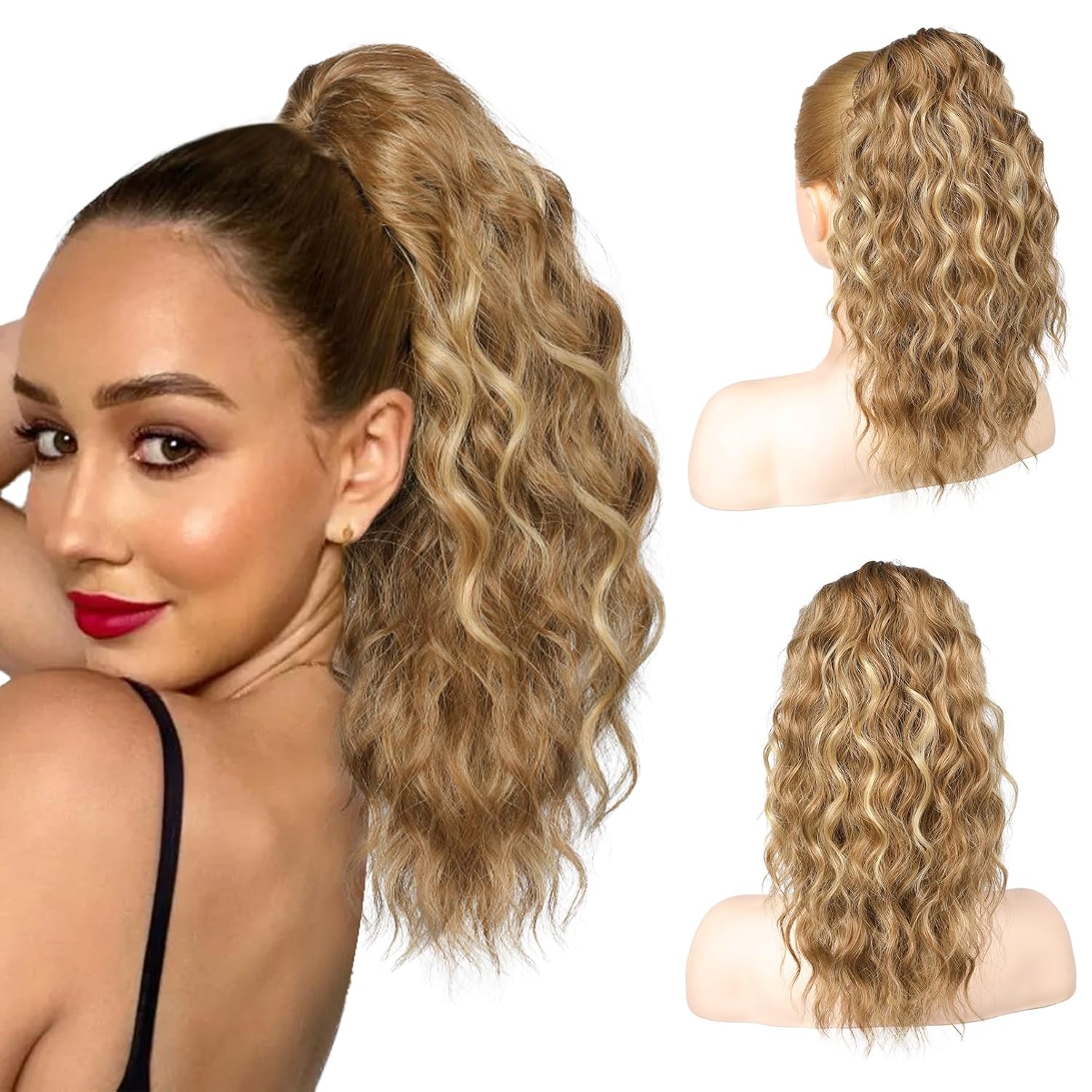 SEIKEA 14″ Highlight Ponytail Extension Claw, PT002 Tia Long Multi Layered Fluffy Thick Wavy Jaw Clip in Fake Pony Tails Fake Hair Soft Natural Synthetic Hairpiece Light Brown with Blonde Highlights