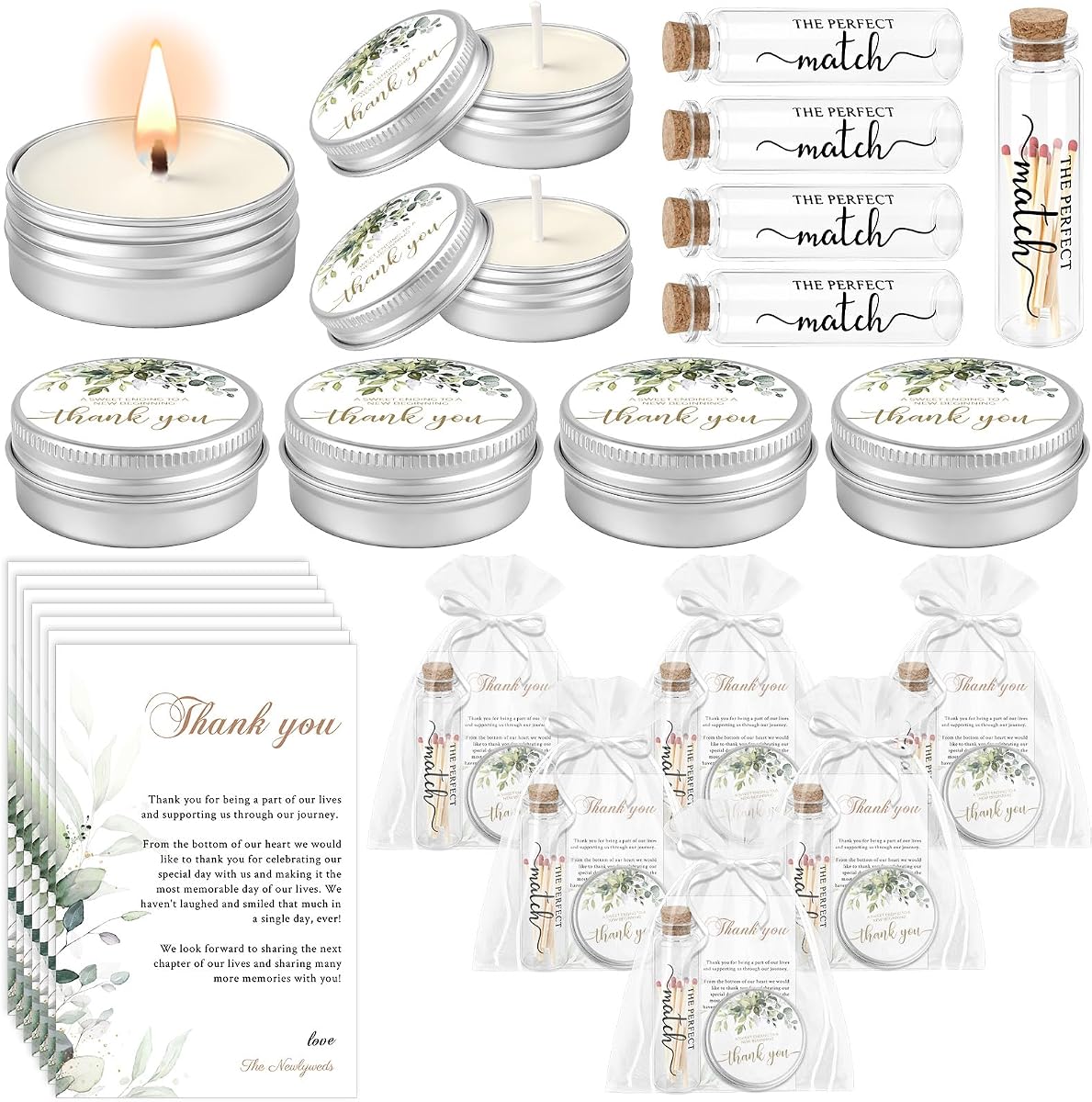 50 Sets Wedding Party Favors for Guests Bulk Scented Candles Empty Matches Jars with Cork Top Thank You Cards and Organza Bags for Wedding Bridal Shower Party Souvenir